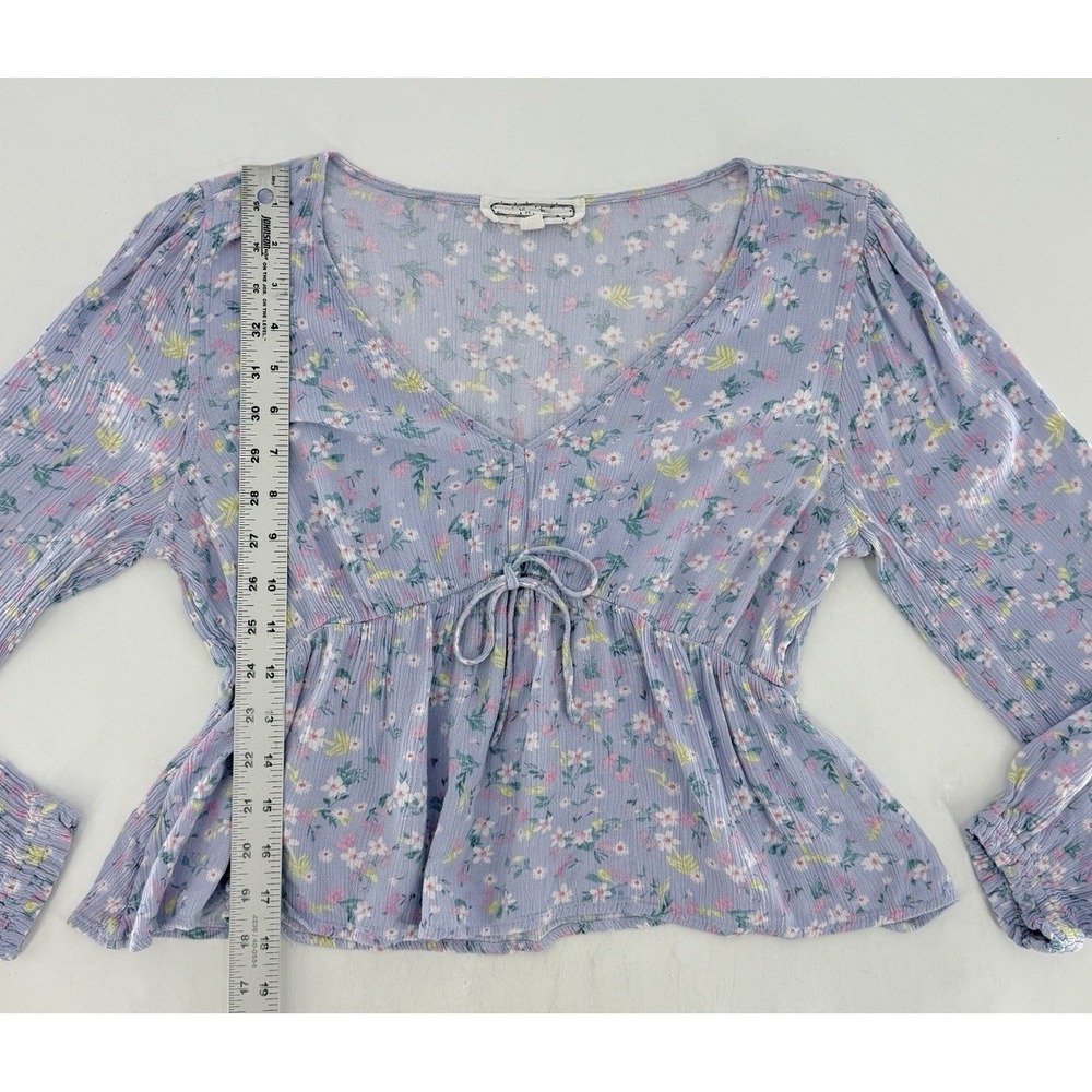 Hippie Rose Faux Tie Waist Babydoll Periwinkle Floral Top Sz L Fairy Cottage - Picture 8 of 9